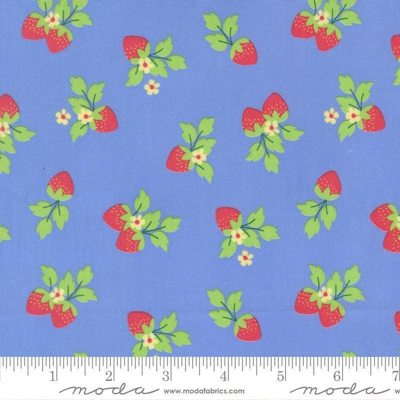 Image of Fruit Salad Strawberries Sky quilting cotton fabric by Corey Yoder for Moda Fabrics. Features strawberries on a blue background. Cute Little Fabric Shop.
