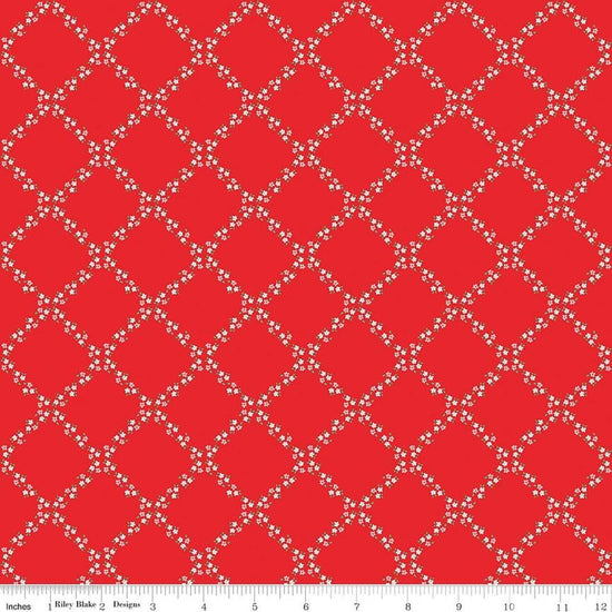 Image of Whimsical Woodland Lattice Red quilting cotton fabric by Tasha Noel for Riley Blake Designs. Features flowers on a red background. Cute Little Fabric Shop.