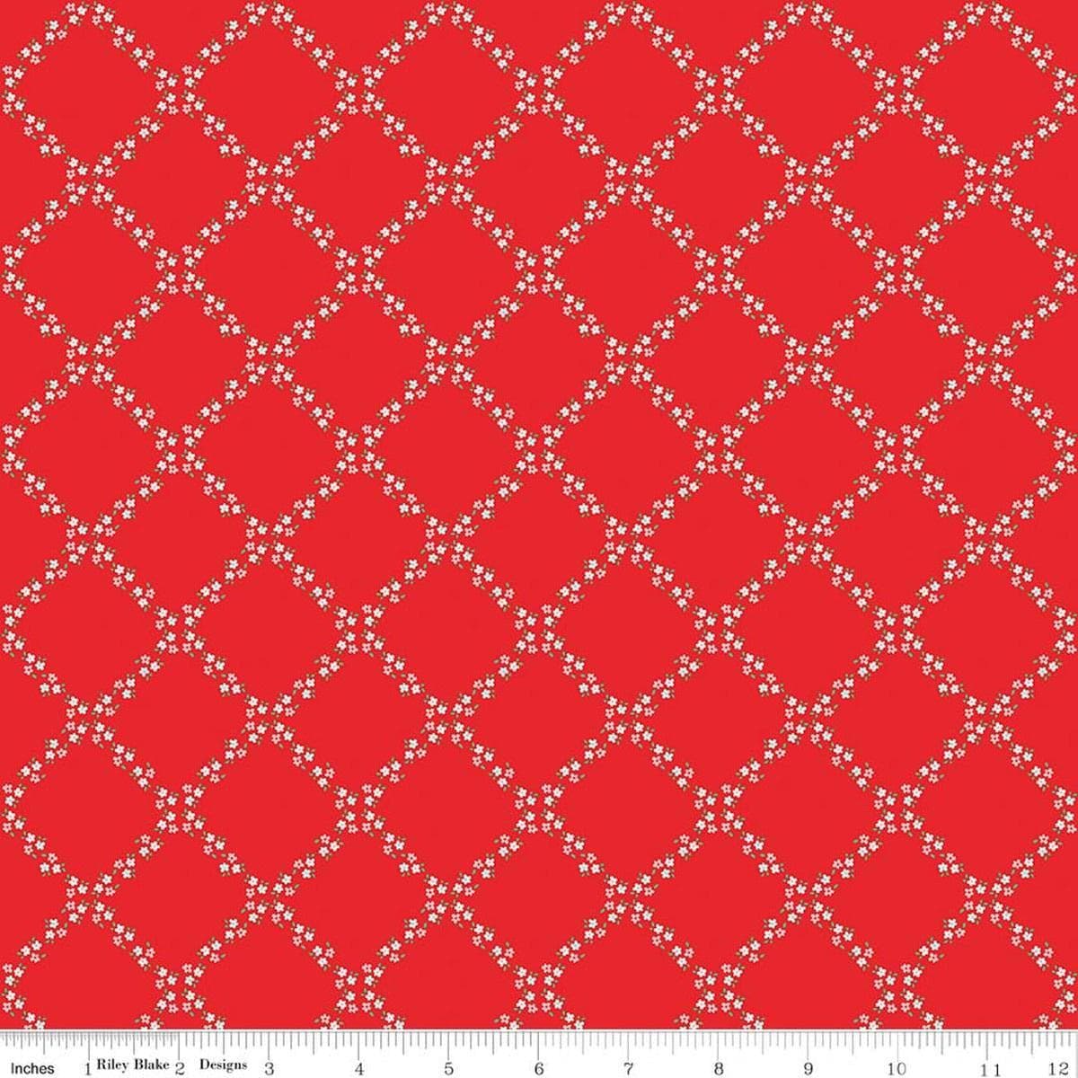 Image of Whimsical Woodland Lattice Red quilting cotton fabric by Tasha Noel for Riley Blake Designs. Features flowers on a red background. Cute Little Fabric Shop.