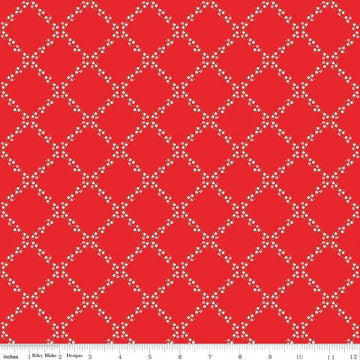 Image of Whimsical Woodland Lattice Red quilting cotton fabric by Tasha Noel for Riley Blake Designs. Features flowers on a red background. Cute Little Fabric Shop.