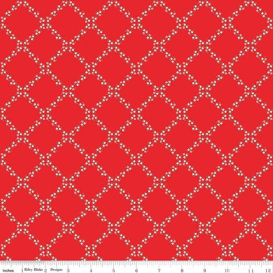 Image of Whimsical Woodland Lattice Red quilting cotton fabric by Tasha Noel for Riley Blake Designs. Features flowers on a red background. Cute Little Fabric Shop.
