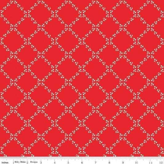 Image of Whimsical Woodland Lattice Red quilting cotton fabric by Tasha Noel for Riley Blake Designs. Features flowers on a red background. Cute Little Fabric Shop.