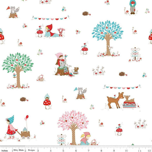 Image of Whimsical Woodland Main White quilting cotton fabric by Tasha Noel for Riley Blake Designs. Features woodland scenes on a white background. Cute Little Fabric Shop.