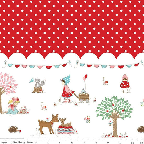 Image of Whimsical Woodland Border Print Red quilting cotton fabric by Tasha Noel for Riley Blake Designs. Features polka dots on a red background. Cute Little Fabric Shop.