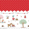 Image of Whimsical Woodland Border Print Red quilting cotton fabric by Tasha Noel for Riley Blake Designs. Features polka dots on a red background. Cute Little Fabric Shop.