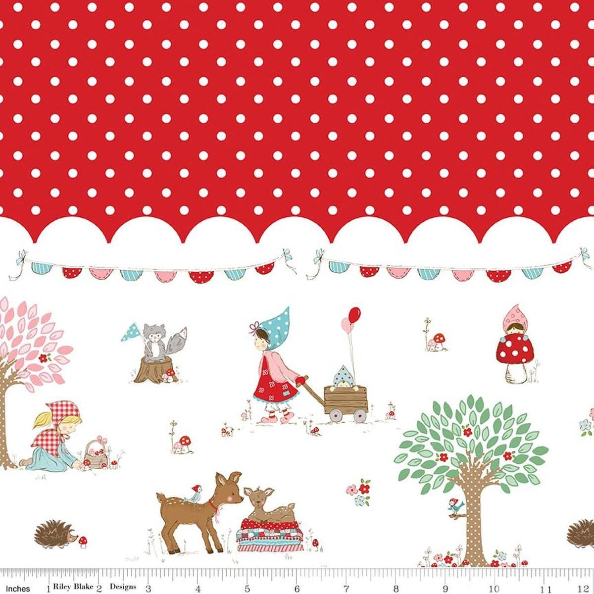 Image of Whimsical Woodland Border Print Red quilting cotton fabric by Tasha Noel for Riley Blake Designs. Features polka dots on a red background. Cute Little Fabric Shop.