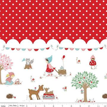 Image of Whimsical Woodland Border Print Red quilting cotton fabric by Tasha Noel for Riley Blake Designs. Features polka dots on a red background. Cute Little Fabric Shop.