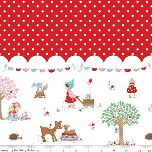 Image of Whimsical Woodland Border Print Red quilting cotton fabric by Tasha Noel for Riley Blake Designs. Features polka dots on a red background. Cute Little Fabric Shop.