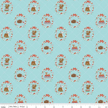 Image of Whimsical Woodland Animals Aqua quilting cotton fabric by Tasha Noel for Riley Blake Designs. Features flowers and animals on a blue background. Cute Little Fabric Shop.