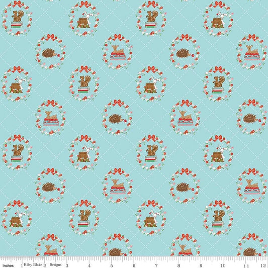 Image of Whimsical Woodland Animals Aqua quilting cotton fabric by Tasha Noel for Riley Blake Designs. Features flowers and animals on a blue background. Cute Little Fabric Shop.