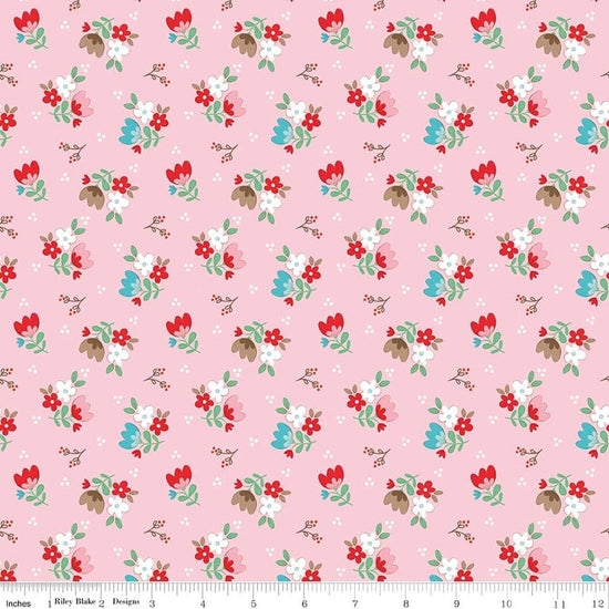 Image of Whimsical Woodland Floral Pink quilting cotton fabric by Tasha Noel for Riley Blake Designs. Features flowers on a pink background. Cute Little Fabric Shop.