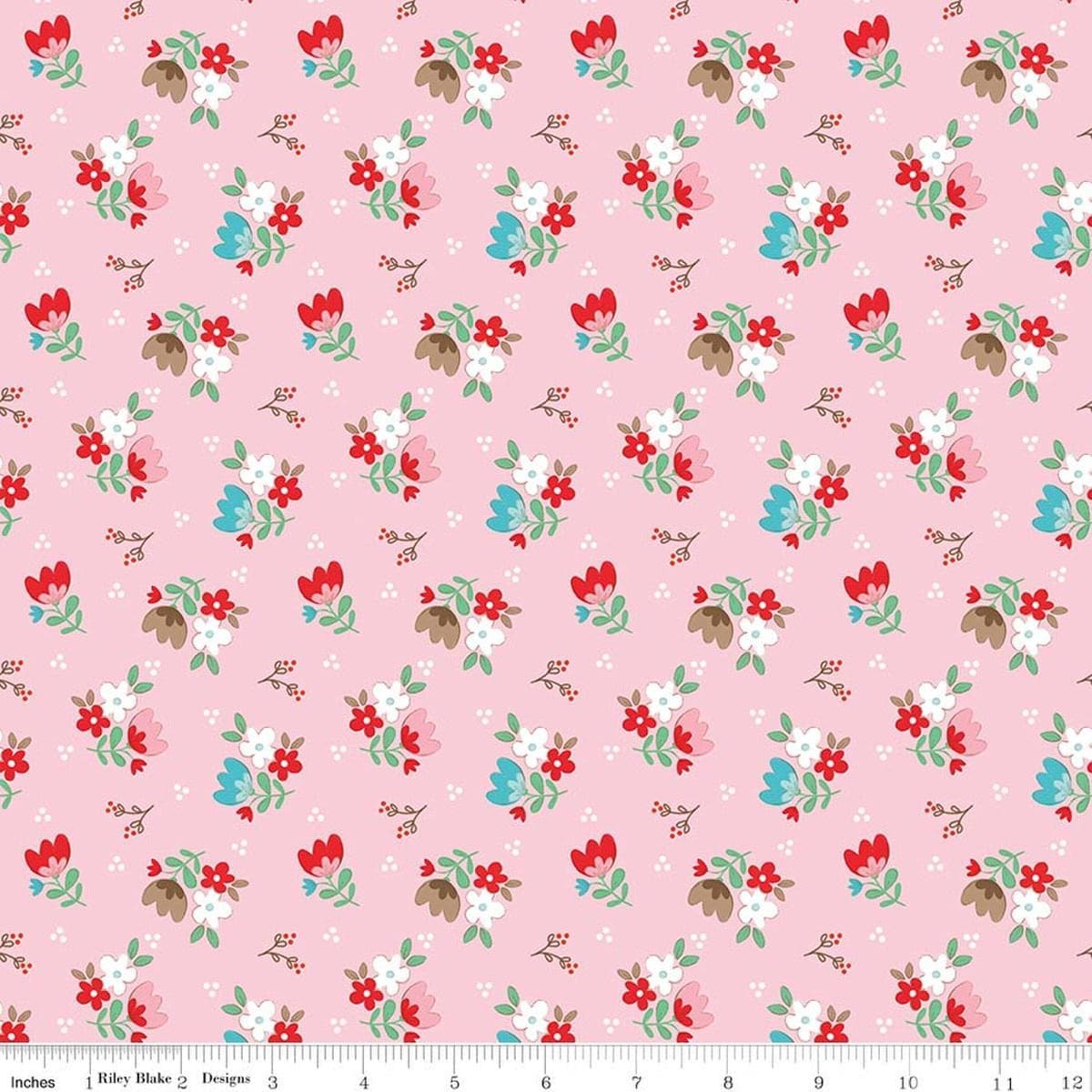Image of Whimsical Woodland Floral Pink quilting cotton fabric by Tasha Noel for Riley Blake Designs. Features flowers on a pink background. Cute Little Fabric Shop.