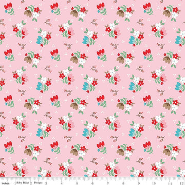 Image of Whimsical Woodland Floral Pink quilting cotton fabric by Tasha Noel for Riley Blake Designs. Features flowers on a pink background. Cute Little Fabric Shop.