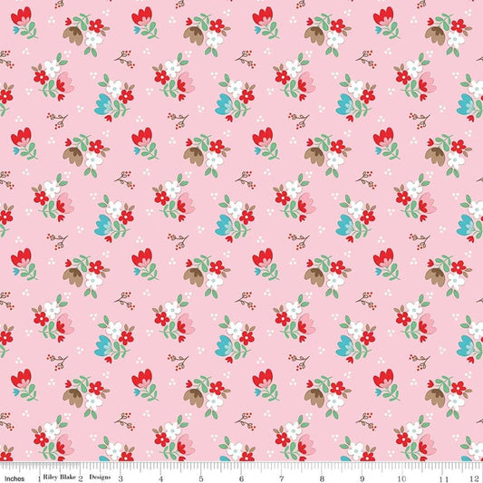Image of Whimsical Woodland Floral Pink quilting cotton fabric by Tasha Noel for Riley Blake Designs. Features flowers on a pink background. Cute Little Fabric Shop.