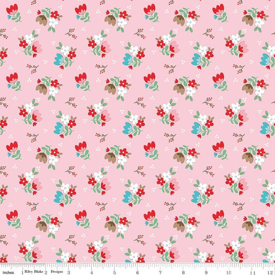 Image of Whimsical Woodland Floral Pink quilting cotton fabric by Tasha Noel for Riley Blake Designs. Features flowers on a pink background. Cute Little Fabric Shop.