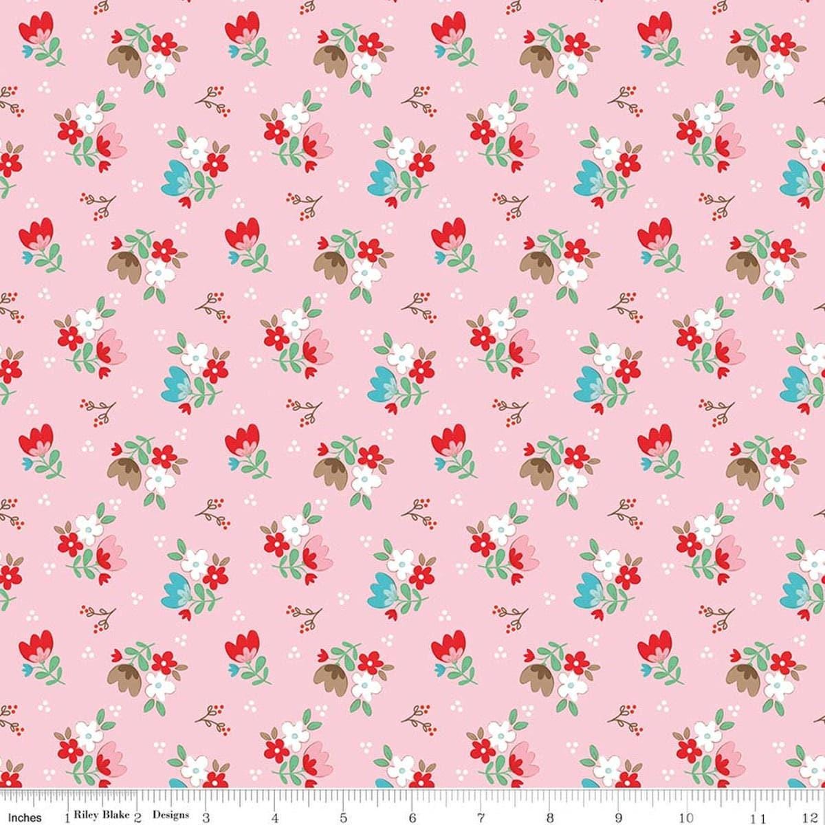 Image of Whimsical Woodland Floral Pink quilting cotton fabric by Tasha Noel for Riley Blake Designs. Features flowers on a pink background. Cute Little Fabric Shop.