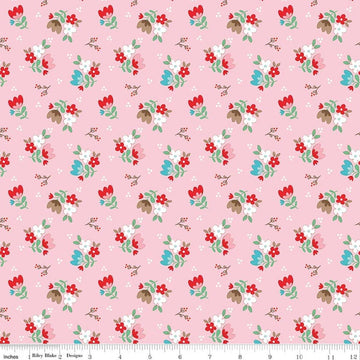 Image of Whimsical Woodland Floral Pink quilting cotton fabric by Tasha Noel for Riley Blake Designs. Features flowers on a pink background. Cute Little Fabric Shop.