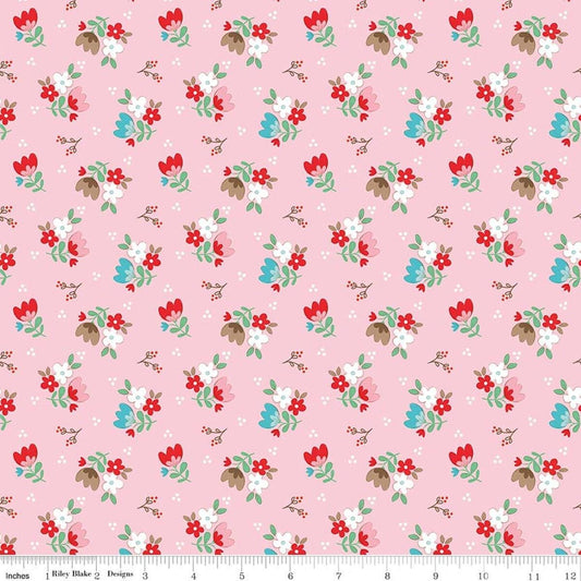 Image of Whimsical Woodland Floral Pink quilting cotton fabric by Tasha Noel for Riley Blake Designs. Features flowers on a pink background. Cute Little Fabric Shop.