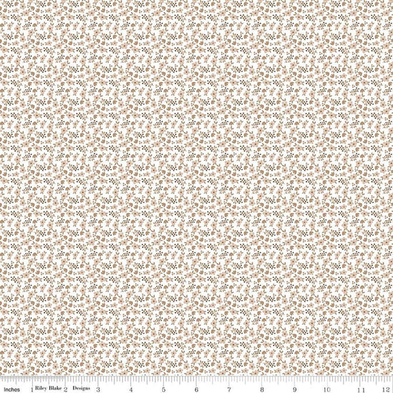Image of Whimsical Woodland Mini Florals Natural quilting cotton fabric by Tasha Noel for Riley Blake Designs. Features flowers on a brown background. Cute Little Fabric Shop.