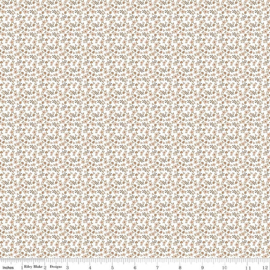 Image of Whimsical Woodland Mini Florals Natural quilting cotton fabric by Tasha Noel for Riley Blake Designs. Features flowers on a brown background. Cute Little Fabric Shop.