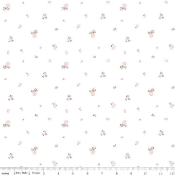 Image of Whimsical Woodland Mushrooms White quilting cotton fabric by Tasha Noel for Riley Blake Designs. Features flowers on a white background. Cute Little Fabric Shop.