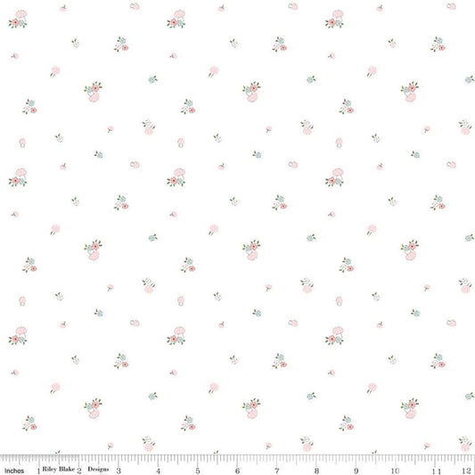 Image of Whimsical Woodland Mushrooms White quilting cotton fabric by Tasha Noel for Riley Blake Designs. Features flowers on a white background. Cute Little Fabric Shop.