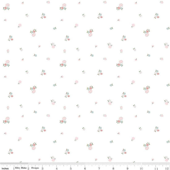 Image of Whimsical Woodland Mushrooms White quilting cotton fabric by Tasha Noel for Riley Blake Designs. Features flowers on a white background. Cute Little Fabric Shop.