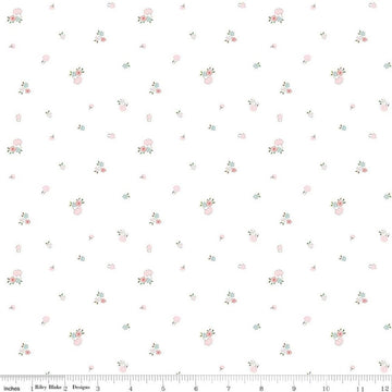 Image of Whimsical Woodland Mushrooms White quilting cotton fabric by Tasha Noel for Riley Blake Designs. Features flowers on a white background. Cute Little Fabric Shop.