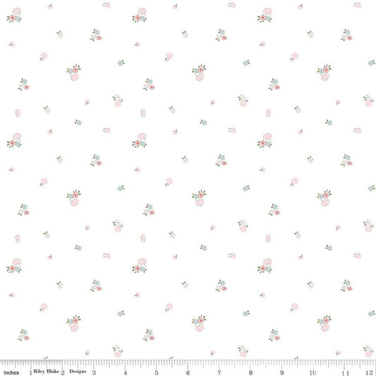 Image of Whimsical Woodland Mushrooms White quilting cotton fabric by Tasha Noel for Riley Blake Designs. Features flowers on a white background. Cute Little Fabric Shop.