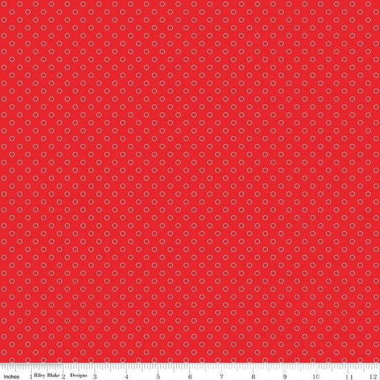 Image of Whimsical Woodland Circle Dots Red quilting cotton fabric by Tasha Noel for Riley Blake Designs. Features dots on a red background. Cute Little Fabric Shop.