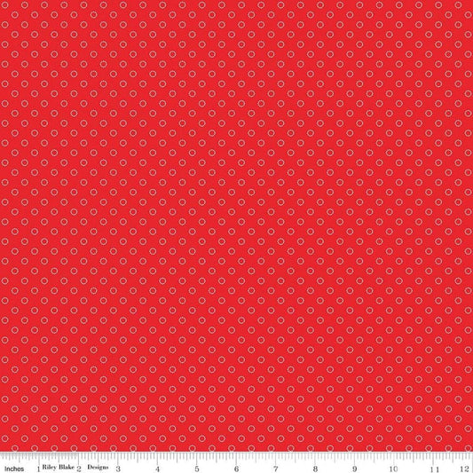 Image of Whimsical Woodland Circle Dots Red quilting cotton fabric by Tasha Noel for Riley Blake Designs. Features dots on a red background. Cute Little Fabric Shop.