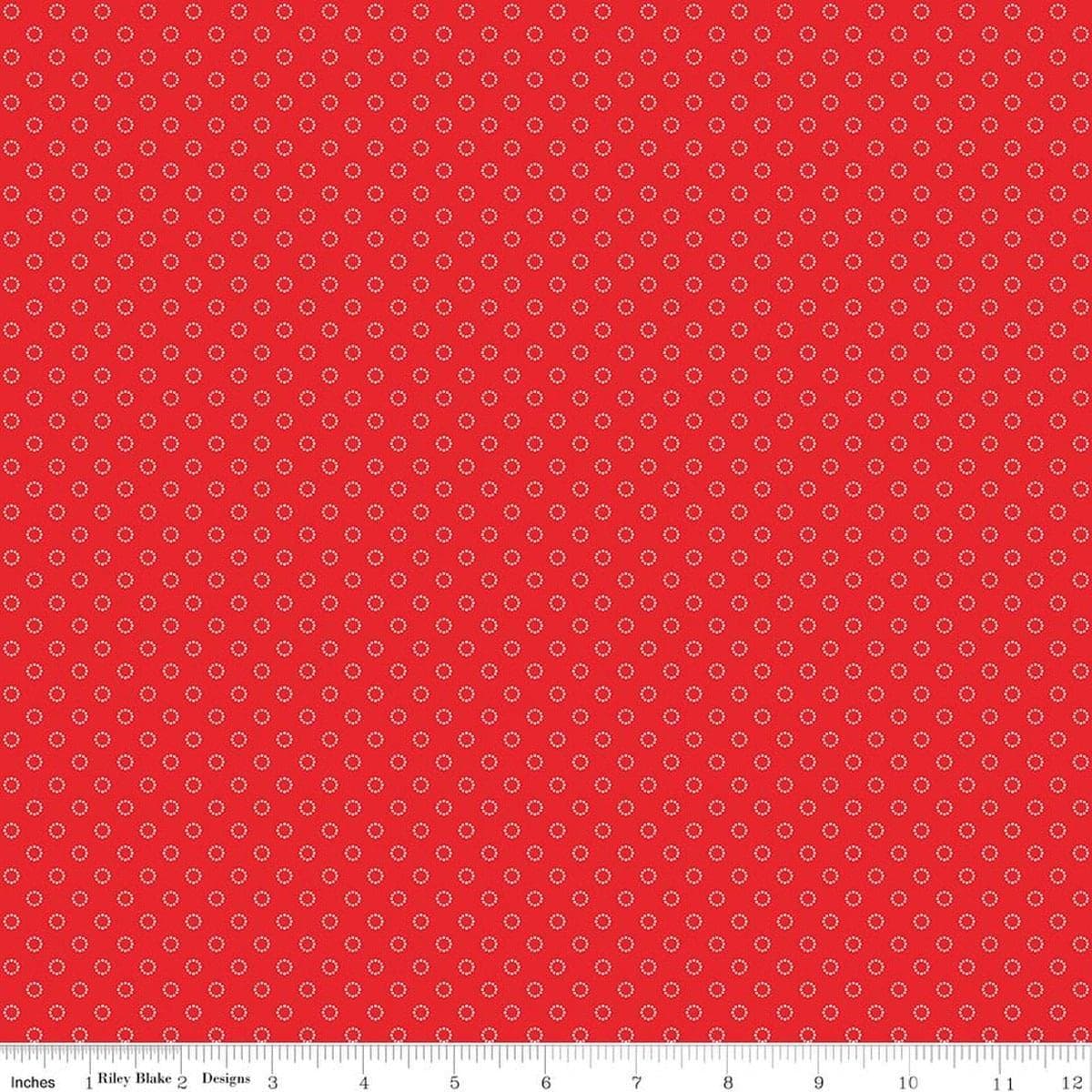 Image of Whimsical Woodland Circle Dots Red quilting cotton fabric by Tasha Noel for Riley Blake Designs. Features dots on a red background. Cute Little Fabric Shop.