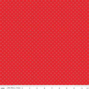 Image of Whimsical Woodland Circle Dots Red quilting cotton fabric by Tasha Noel for Riley Blake Designs. Features dots on a red background. Cute Little Fabric Shop.