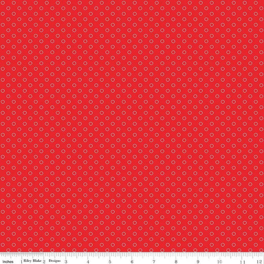 Image of Whimsical Woodland Circle Dots Red quilting cotton fabric by Tasha Noel for Riley Blake Designs. Features dots on a red background. Cute Little Fabric Shop.