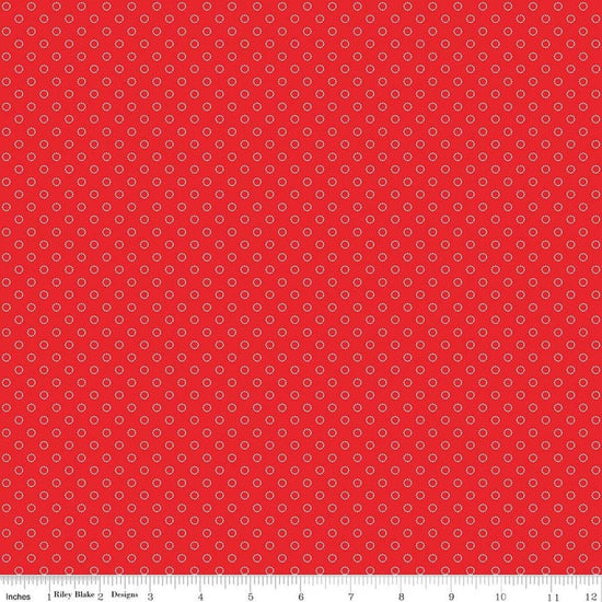 Image of Whimsical Woodland Circle Dots Red quilting cotton fabric by Tasha Noel for Riley Blake Designs. Features dots on a red background. Cute Little Fabric Shop.