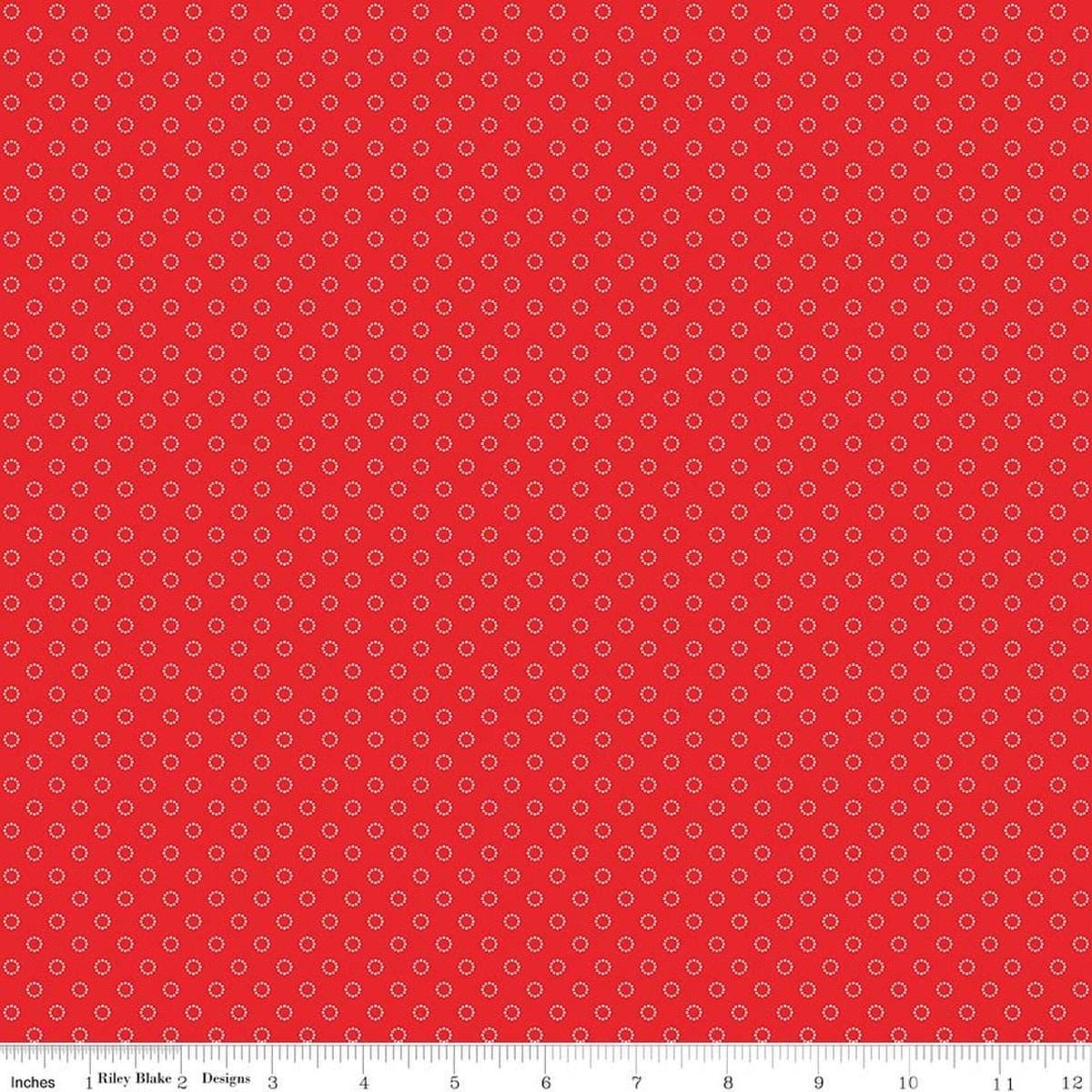 Image of Whimsical Woodland Circle Dots Red quilting cotton fabric by Tasha Noel for Riley Blake Designs. Features dots on a red background. Cute Little Fabric Shop.