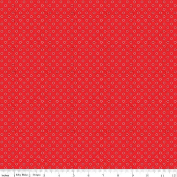 Image of Whimsical Woodland Circle Dots Red quilting cotton fabric by Tasha Noel for Riley Blake Designs. Features dots on a red background. Cute Little Fabric Shop.