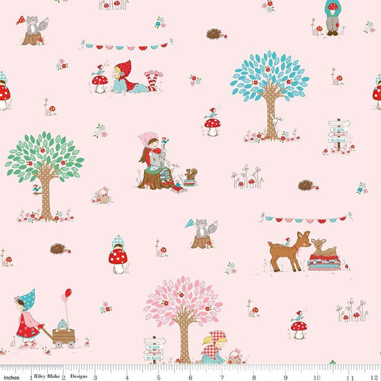 Image of Whimsical Woodland Main Pink quilting cotton fabric by Tasha Noel for Riley Blake Designs. Features woodland scene on a pink background. Cute Little Fabric Shop.