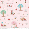 Image of Whimsical Woodland Main Pink quilting cotton fabric by Tasha Noel for Riley Blake Designs. Features woodland scene on a pink background. Cute Little Fabric Shop.