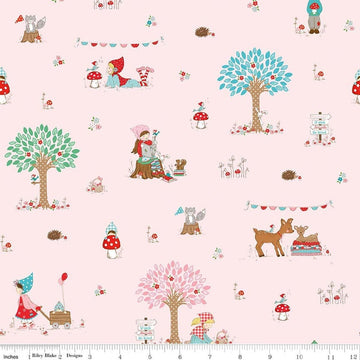 Image of Whimsical Woodland Main Pink quilting cotton fabric by Tasha Noel for Riley Blake Designs. Features woodland scene on a pink background. Cute Little Fabric Shop.