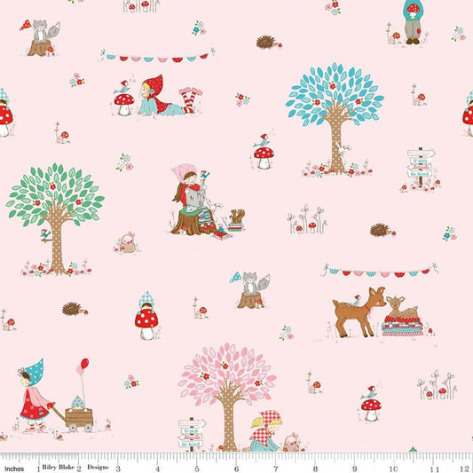 Image of Whimsical Woodland Main Pink quilting cotton fabric by Tasha Noel for Riley Blake Designs. Features woodland scene on a pink background. Cute Little Fabric Shop.