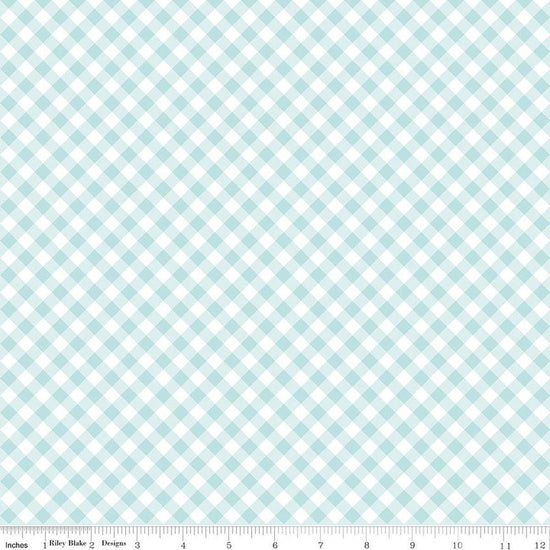 Image of Whimsical Woodland Diagonal Gingham Aqua quilting cotton fabric by Tasha Noel for Riley Blake Designs. Features gingham on a blue background. Cute Little Fabric Shop.