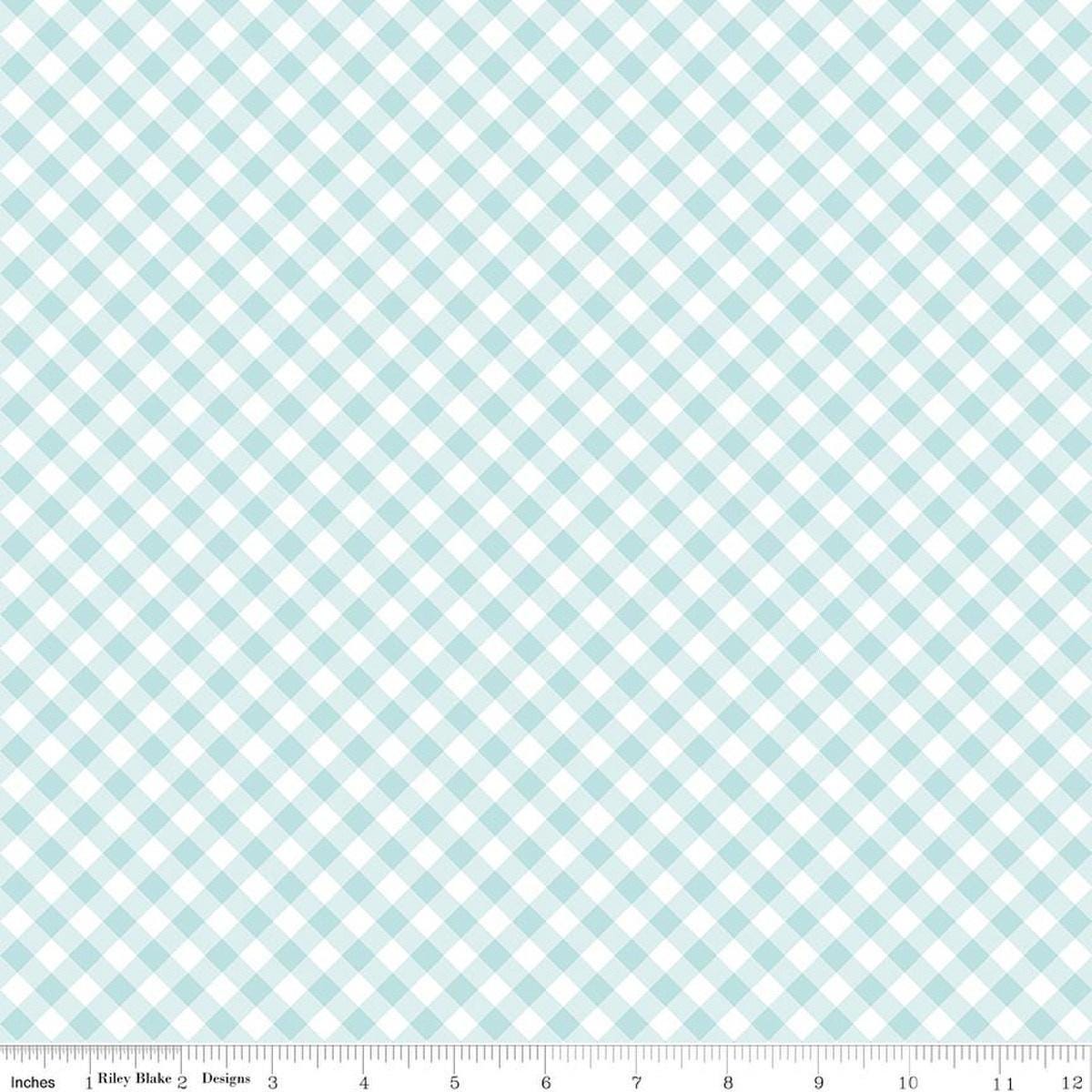Image of Whimsical Woodland Diagonal Gingham Aqua quilting cotton fabric by Tasha Noel for Riley Blake Designs. Features gingham on a blue background. Cute Little Fabric Shop.