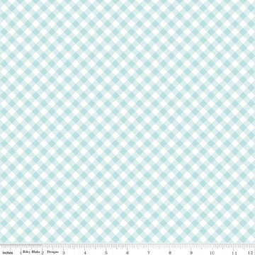 Image of Whimsical Woodland Diagonal Gingham Aqua quilting cotton fabric by Tasha Noel for Riley Blake Designs. Features gingham on a blue background. Cute Little Fabric Shop.