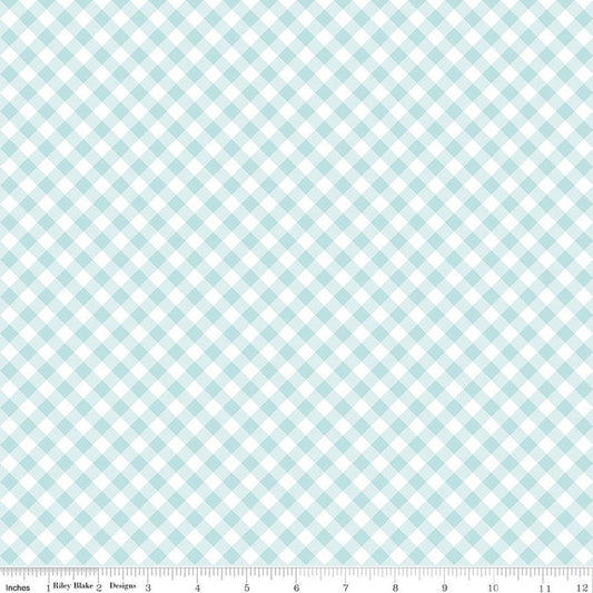 Image of Whimsical Woodland Diagonal Gingham Aqua quilting cotton fabric by Tasha Noel for Riley Blake Designs. Features gingham on a blue background. Cute Little Fabric Shop.
