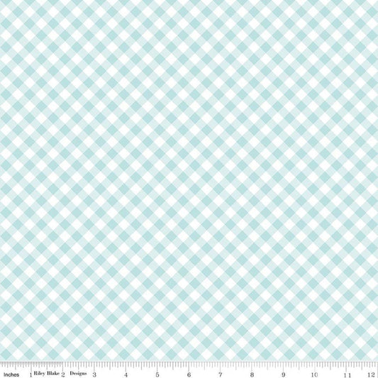 Image of Whimsical Woodland Diagonal Gingham Aqua quilting cotton fabric by Tasha Noel for Riley Blake Designs. Features gingham on a blue background. Cute Little Fabric Shop.