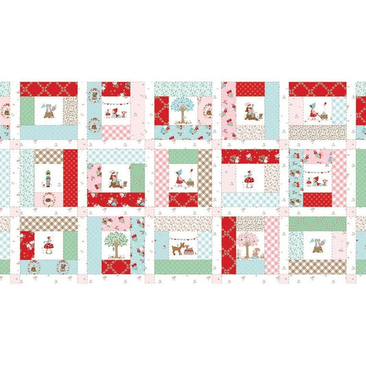 Image of Whimsical Woodland Cheater Print Multi quilting cotton fabric by Tasha Noel for Riley Blake Designs. Features printed quilt blocks on a white, blue, and pink background. Cute Little Fabric Shop.