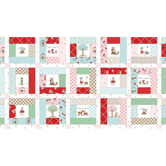 Image of Whimsical Woodland Cheater Print Multi quilting cotton fabric by Tasha Noel for Riley Blake Designs. Features printed quilt blocks on a white, blue, and pink background. Cute Little Fabric Shop.