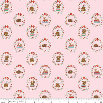 Image of Whimsical Woodland Animals Pink quilting cotton fabric by Tasha Noel for Riley Blake Designs. Features flowers and animals on a pink background. Cute Little Fabric Shop.