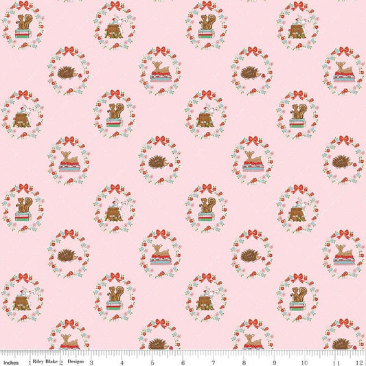 Image of Whimsical Woodland Animals Pink quilting cotton fabric by Tasha Noel for Riley Blake Designs. Features flowers and animals on a pink background. Cute Little Fabric Shop.